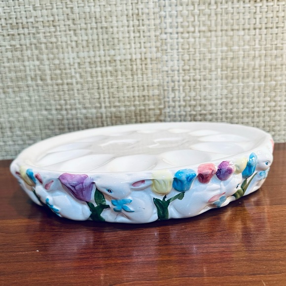 None Other - 🌟3xHP🌟VTG Ceramic Hand Painted Rabbit & Tulip Deviled Egg Easter Egg Platter